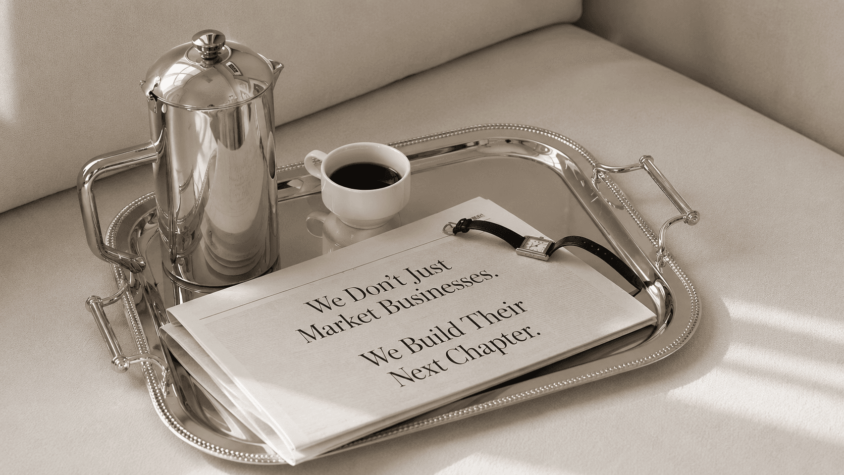 מגש כסף עם קפה ועיתון: We Don't Just Market Businesses. We Build Their Next Chapter.