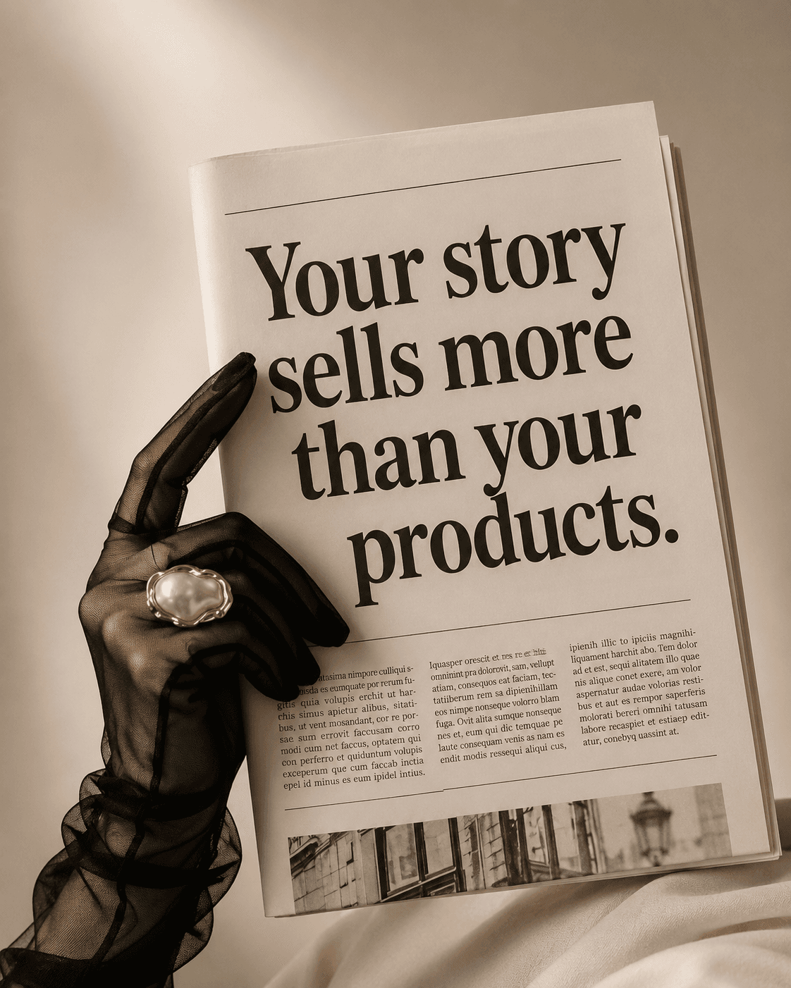יד בכפפת תחרה מחזיקה עיתון עם הכותרת: Your story sells more than your products
